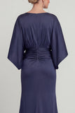 Vestido largo de madre de la novia, funda azul marino, escote en pico, manga media y bolsillos