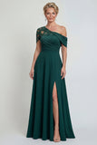 Vestido de madre de la novia verde oscuro de un hombro con línea A aplicada y abertura