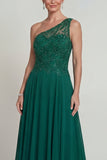 Vestido de madre de la novia de gasa verde oscuro verde oscuro con un hombro y bordado