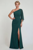 Vestido de madre de la novia de sirena de gasa verde oscuro de un hombro largo con abertura