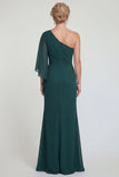 Vestido de madre de la novia de sirena de gasa verde oscuro de un hombro largo con abertura
