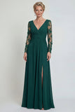 Vestido de Madre de la Novia con mangas largas de mangas largas en verde oscuro y abertura