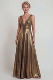 Vestido de madre de la novia largo de cuello metálico en V de la línea A dorado