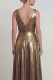 Vestido de madre de la novia largo de cuello metálico en V de la línea A dorado