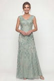 Vestido de madre de la novia bordado en verde, con cuello en V y lentejuelas