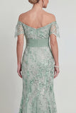Vestido de Sirena Verde de Lentejuelas Verde Madre de la Novia con bordados