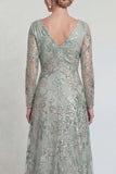 Vestido de Madre de la Novia de mangas largas de manga larga verde A Line con abertura