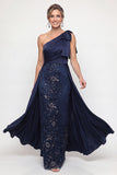 Vestido de Madre de la Novia con lazo de un hombro con funda azul marino