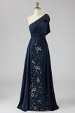 Vestido de Madre de la Novia con lazo de un hombro con funda azul marino