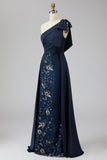 Vestido de Madre de la Novia con lazo de un hombro con funda azul marino