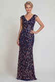 Vestido largo azul marino brillante de manga larga para la madre de la novia