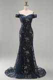 Vestido largo de madre de la novia de sirena azul marino con hombros largos y lentejuelas