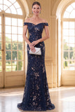 Vestido largo de madre de la novia de sirena azul marino con hombros largos y lentejuelas
