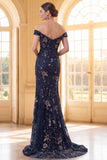 Vestido largo de madre de la novia de sirena azul marino con hombros largos y lentejuelas