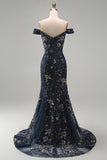 Vestido largo de madre de la novia de sirena azul marino con hombros largos y lentejuelas