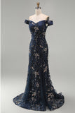 Vestido largo de madre de la novia de sirena azul marino con hombros largos y lentejuelas