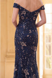 Vestido largo de madre de la novia de sirena azul marino con hombros largos y lentejuelas