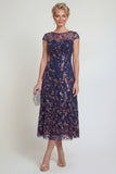 Vestido de madre de la novia azul marino brillante con escote barco