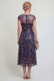 Vestido de madre de la novia azul marino brillante con escote barco