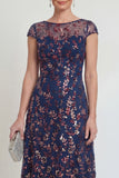 Vestido de madre de la novia azul marino brillante con escote barco