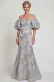 Vestido de madre de la novia con sirena azul polvoriento con flores