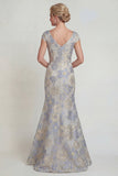 Vestido de madre de novia con cuello en V de sirena azul polvoriento