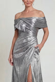 Vestido de madre de novia con hombros descubiertos, gris plateado, línea A