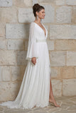 Vestido de novia floral de manga larga de manga en V con escote en marfil y abertura