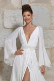 Vestido de novia floral de manga larga de manga en V con escote en marfil y abertura