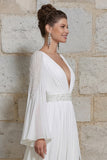 Vestido de novia floral de manga larga de manga en V con escote en marfil y abertura