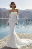Vestido de novia de cola de marfil Sirena con mangas
