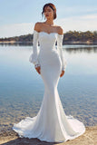 Vestido de novia Bohemio con cola barrida con sirenas aplicadas de gasa marfil y mangas