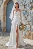 Vestido de novia largo de gasa tirantes sin tirantes en línea A de marfil con abertura