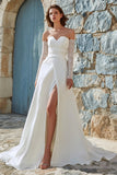 Vestido de novia largo de gasa tirantes sin tirantes en línea A de marfil con abertura