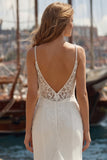 Vestido largo de novia largo de tirantes en línea A de marfil con encaje aplicado y abertura