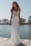 Vestido largo de novia de satén apasionado sirena de marfil con abertura