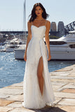 Vestido largo de novia de satén de encaje de marfil con abertura