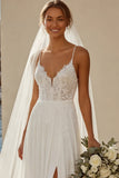 Vestido de novia de cola barrido de encaje de gasa A Ivory A Line