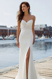 Vestido de novia barrido de encaje marfil sirena con abertura