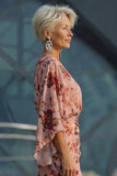 Vestido de madre de la novia, con escote en V y flor rosa polvorienta con mangas acampanadas