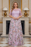 Vestido de Madre de la Novia bordado en una línea Lila Floral con manga media y talla grande