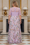 Vestido de Madre de la Novia bordado en una línea Lila Floral con manga media y talla grande