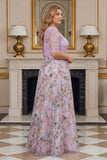 Vestido de Madre de la Novia bordado en una línea Lila Floral con manga media y talla grande