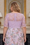 Vestido de Madre de la Novia bordado en una línea Lila Floral con manga media y talla grande