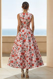 Vestido Midi de línea con estampado rosa rojo y cuello redondo con bolsillos