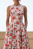 Vestido Midi de línea con estampado rosa rojo y cuello redondo con bolsillos
