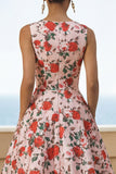 Vestido Midi de línea con estampado rosa rojo y cuello redondo con bolsillos
