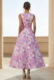Vestido midi de cuello redondo con estampado de flor lila y bolsillos