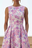 Vestido midi de cuello redondo con estampado de flor lila y bolsillos