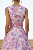 Vestido midi de cuello redondo con estampado de flor lila y bolsillos